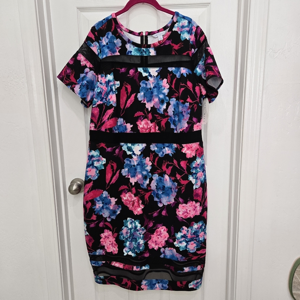 Boutique+ Jc Penny Women’s Black Floral Midi Dress Mesh Sheath Plus Size 2X  NWT